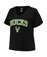 Women's Profile Black Milwaukee Bucks Plus Arch Over Logo V-Neck T-shirt