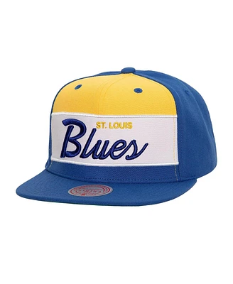 Men's Mitchell & Ness Blue Distressed St. Louis Blues Retro Script Colorblock Snapback Hat