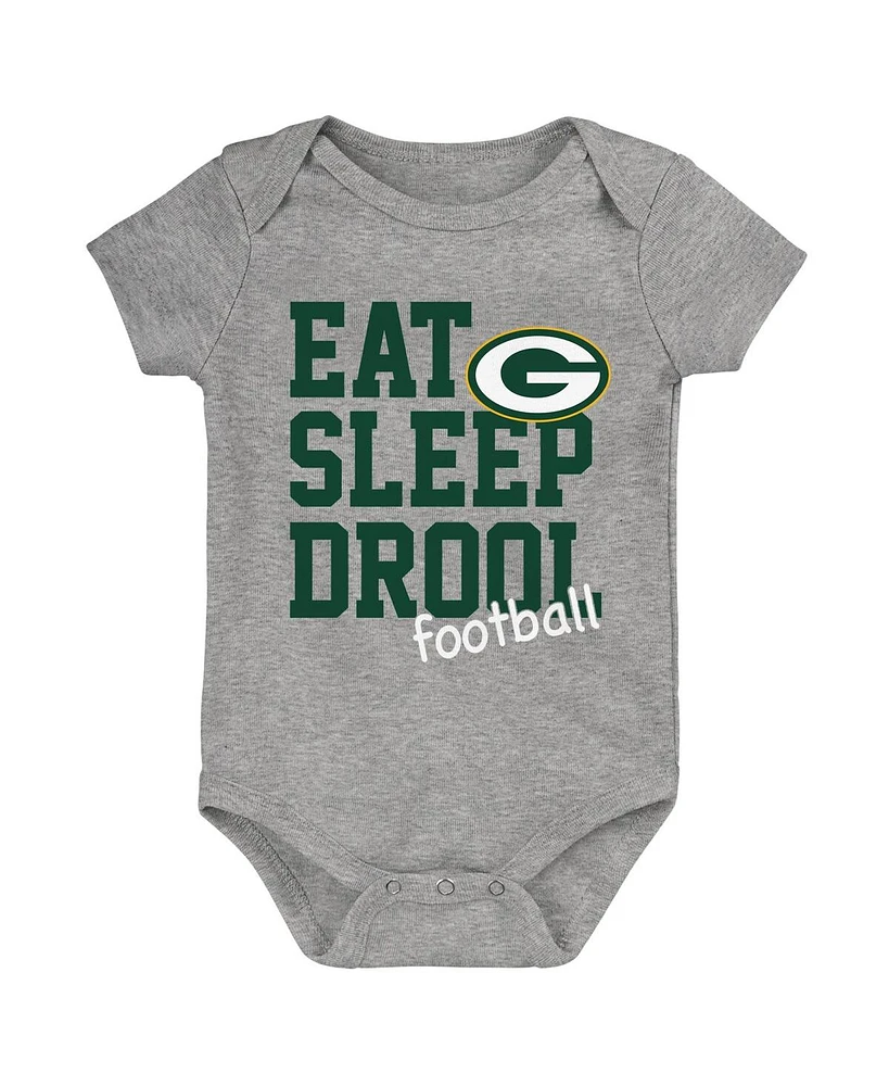 Baby Boys and Girls Green, Gold, Heather Gray Green Bay Packers Three-Pack Eat, Sleep Drool Retro Bodysuit Set