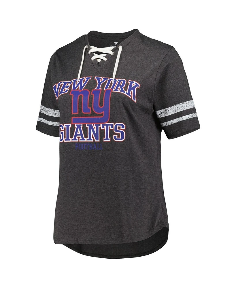 Women's Fanatics Heather Charcoal Distressed New York Giants Plus Lace-Up V-Neck T-shirt