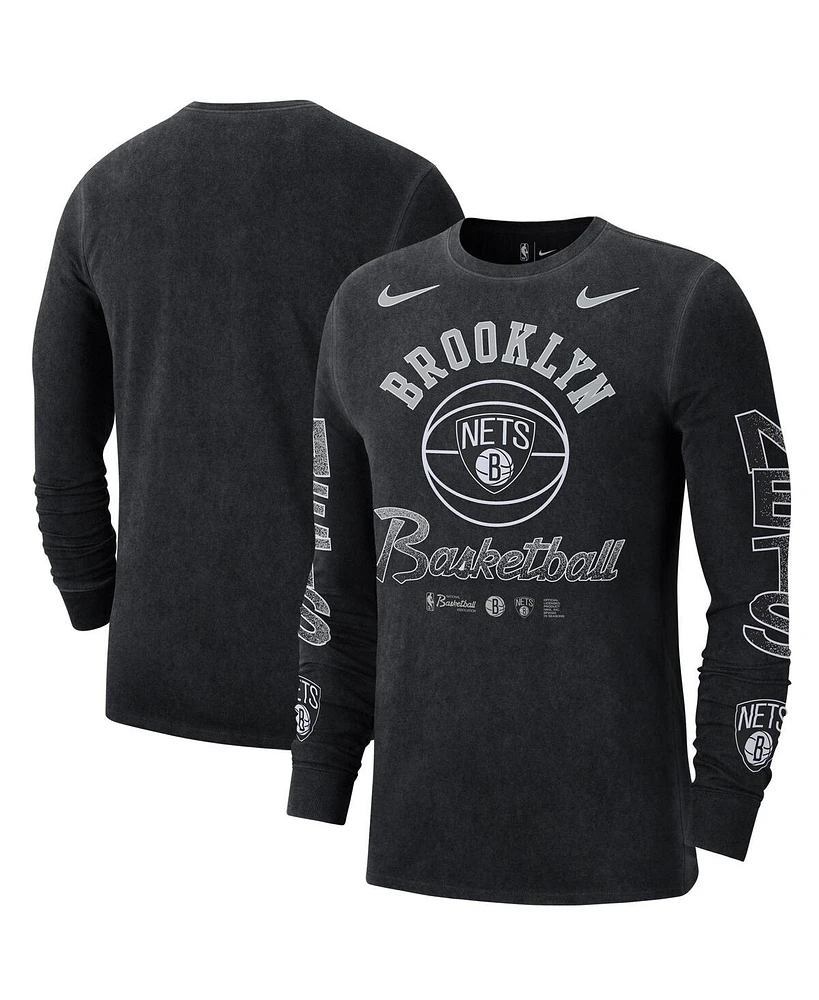 Men's Nike Black Distressed Brooklyn Nets Courtside Retro Elevated Long Sleeve T-shirt