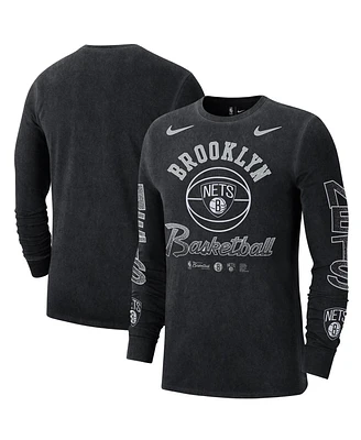 Men's Nike Black Distressed Brooklyn Nets Courtside Retro Elevated Long Sleeve T-shirt