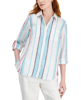 Charter Club Women's 100% Linen Hampton Stripe Tab-Sleeve Top, Created for Macy's