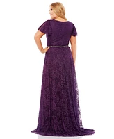 Women's Plus Embellished Flutter Sleeve Evening Gown