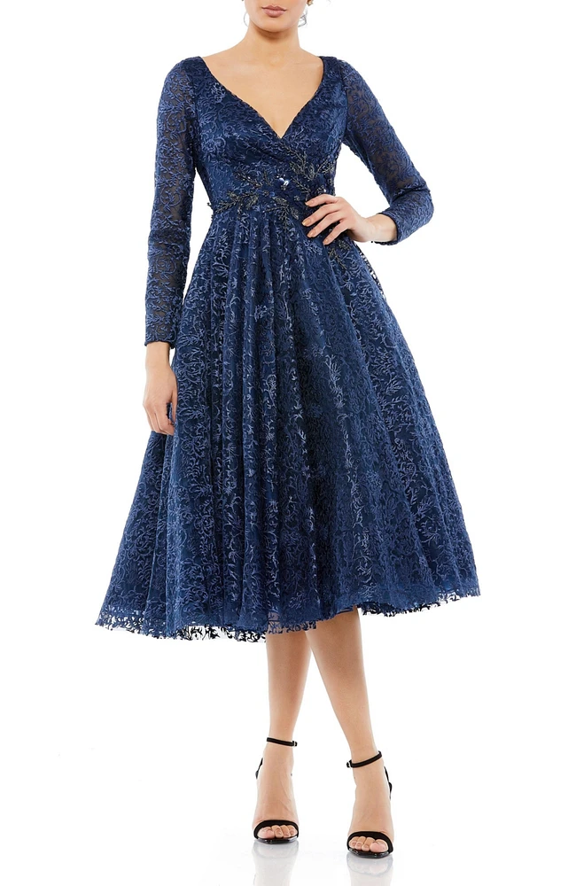 Women's Long Sleeve Embroidered Tea Length Dress
