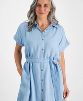 Style & Co Petite Chambray Belted Camp Shirt Dress, Created for Macy's