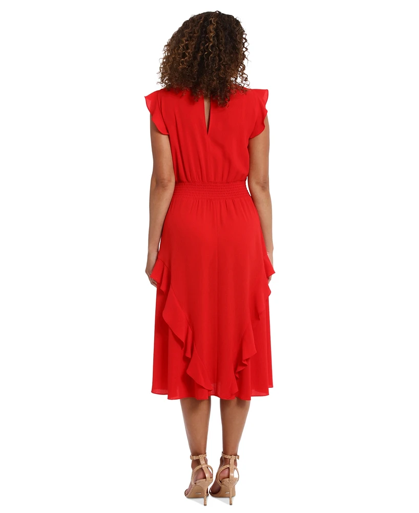 London Times Women's Smocked-Waist Ruffle Midi Dress