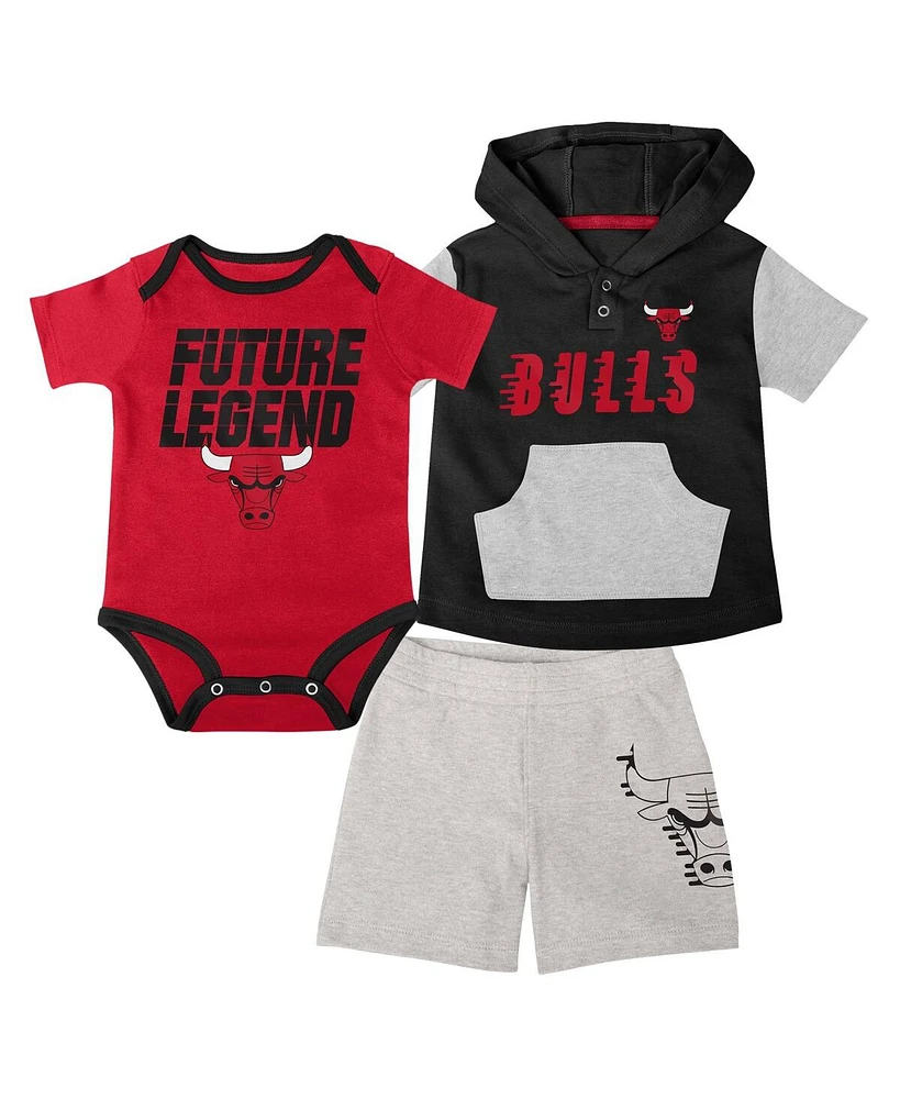 Baby Boys and Girls Red, Black, Gray Chicago Bulls Bank Shot Bodysuit, Hoodie T-shirt Shorts Set