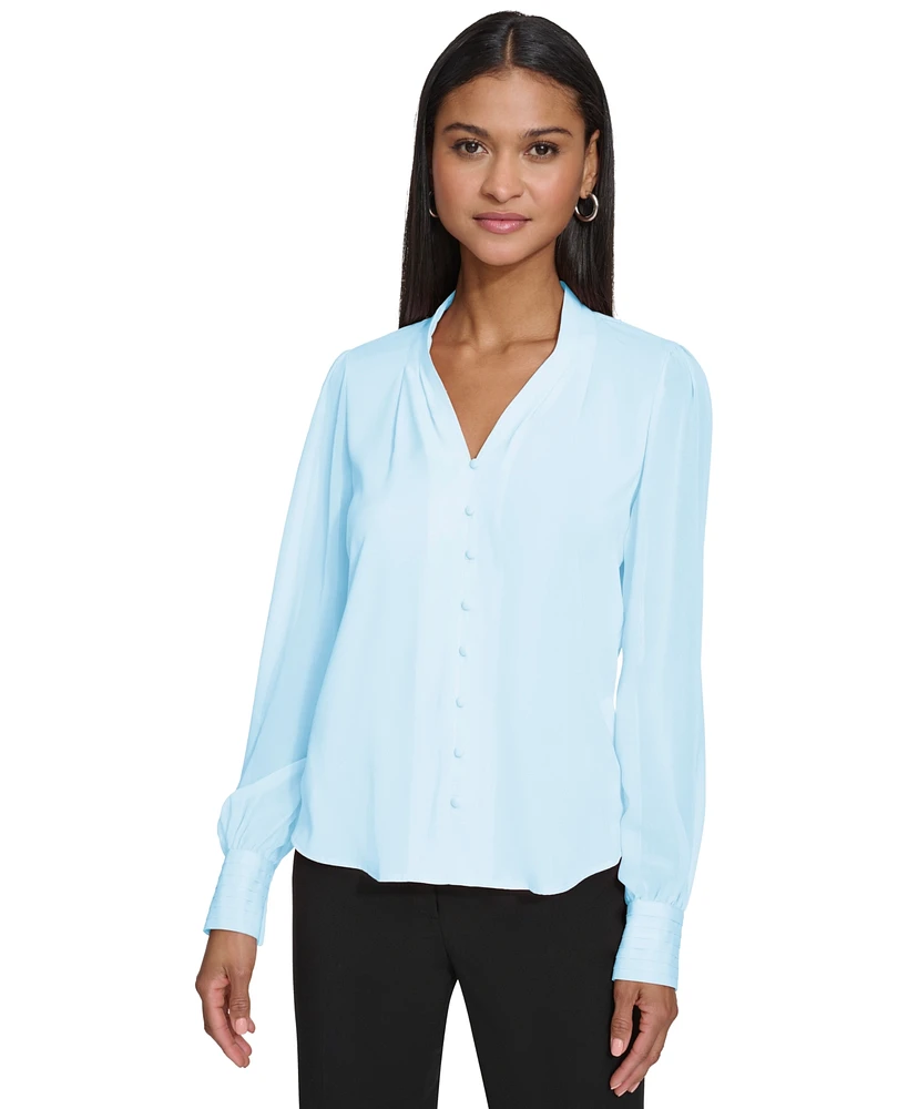 Calvin Klein Women's Pleated-Cuff V-Neck Blouse