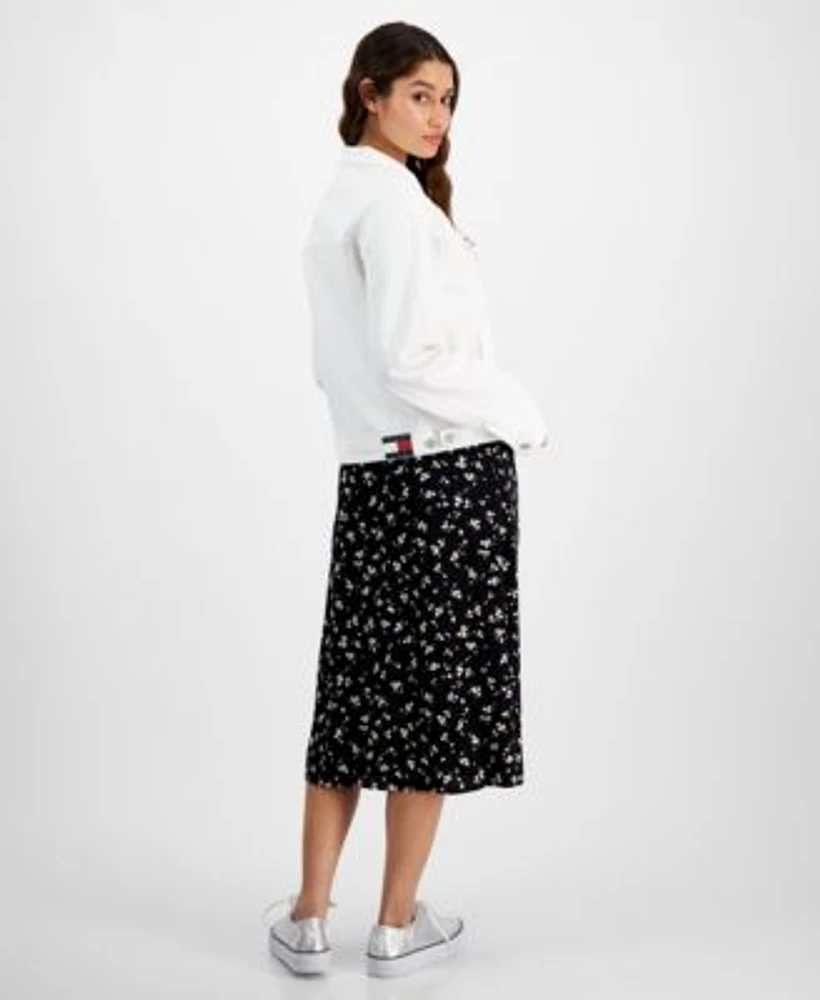 Tommy Jeans Womens Mom Classic Denim Trucker Jacket Floral Print Ruffled Midi Dress