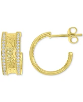 Cubic Zirconia Hammered Small Hoop Earrings in 14k Gold-Plated Sterling Silver, 0.55"