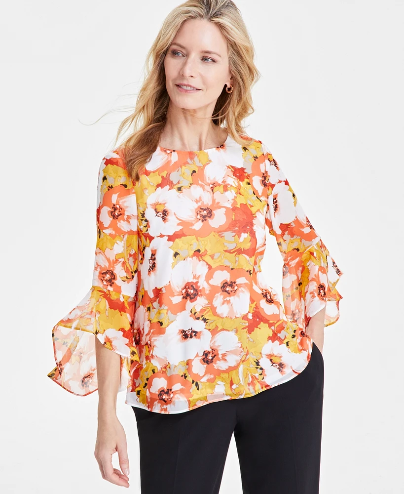 Kasper Petite Floral Print Crewneck Bell-Sleeve Top