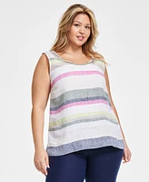 Charter Club Plus Printed Scoop-Neck 100% Linen Top, Created for Macy's