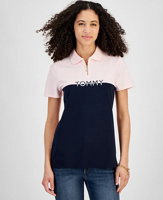 Tommy Hilfiger Women's Colorblock Logo Zip-Front Polo Shirt