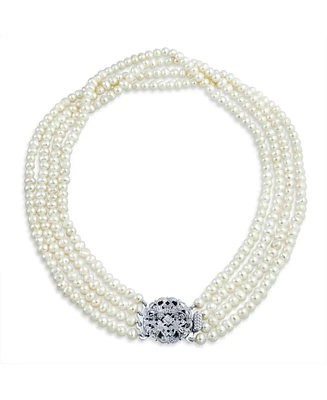 Antique Art Deco Style Wide Statement Bridal Four Multi Strand White Freshwater Cultured Pearl Necklace For Women