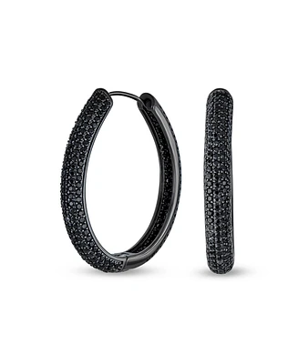 Holiday Party Cubic Zirconia Pave Big Wide Large Oval Inside Out Black Cz Hoop Earrings For Women Prom Cocktail Black Plated