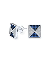 Bling Jewelry Mens Blue White Cubic Zirconia Micro Pave Geometric Cz Pyramid Square Stud Earrings Sterling Silver 11MM