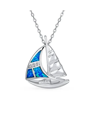 Gemstone Nautical Boat Summer Caribbean Vacation Ship Sailor Created Blue Opal Sailboat Necklace Pendant For Women .925 Sterling Silver Large