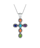 Bling Jewelry Multi Color Stones Bezel Set Cross Pendant Necklace For Women Sterling Silver