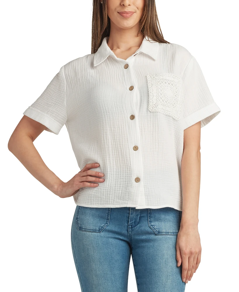 Bcx Juniors' Cotton Short-Sleeve Collared Gauze Top