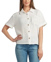 Bcx Juniors' Cotton Short-Sleeve Collared Gauze Top