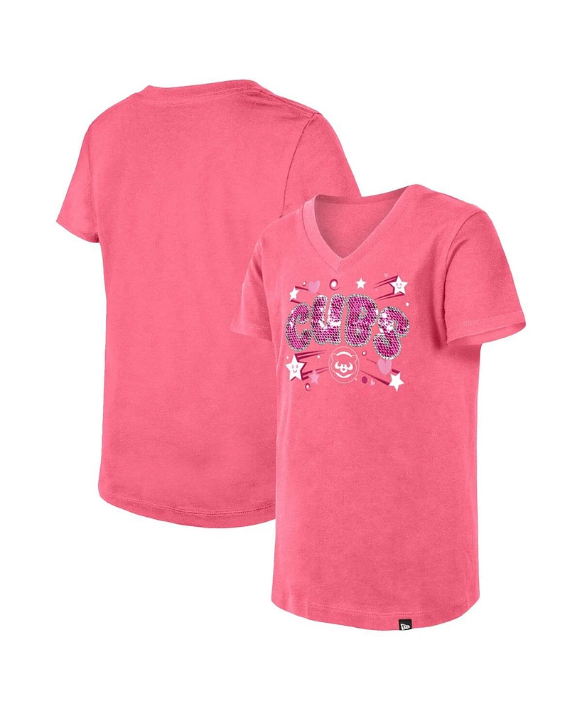 Big Girls New Era Pink Chicago Cubs Sequin V-Neck T-shirt