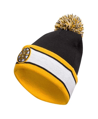 Men's adidas Black Boston Bruins Team Stripe Cuffed Knit Hat with Pom