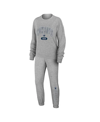 Women's Wear by Erin Andrews Heather Gray Dallas Cowboys Plus Knitted Tri-Blend Long Sleeve T-shirt and Pants Lounge Set