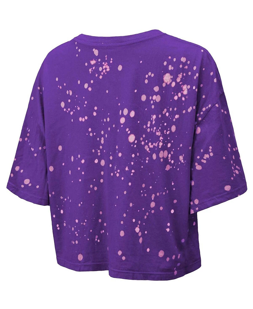 Women's Majestic Threads Purple Distressed Minnesota Vikings Bleach Splatter Notch Neck Crop T-shirt