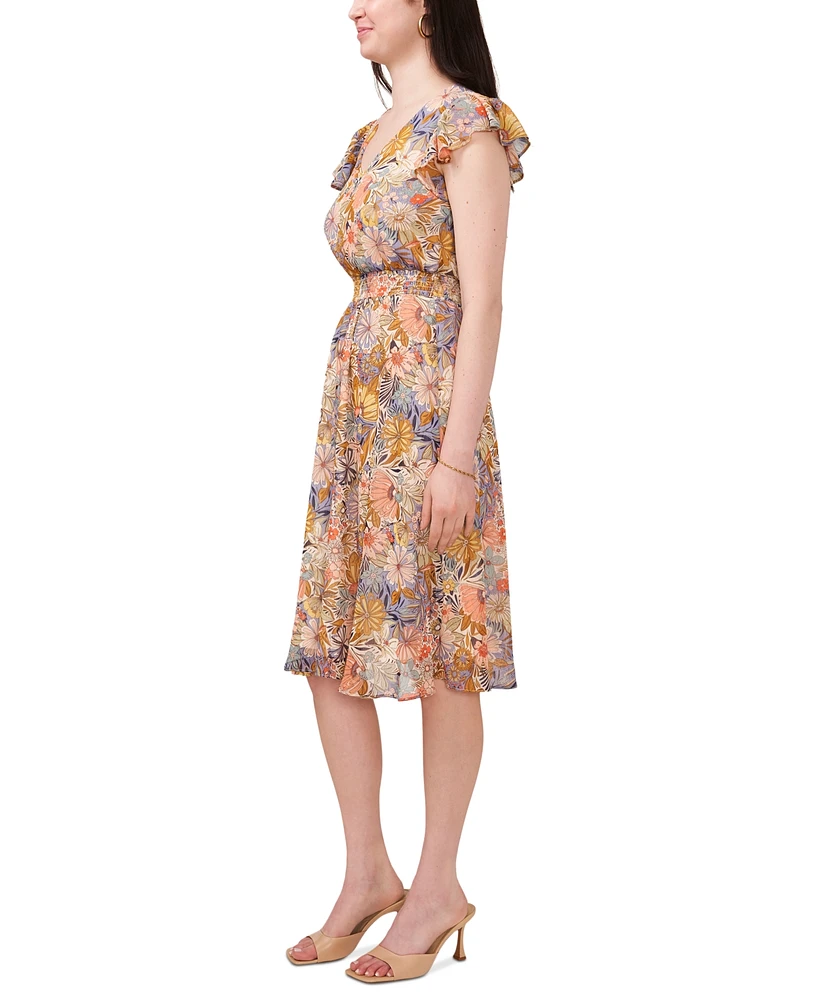Msk Petite Printed Flutter-Sleeve V-Neck Dress