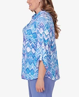 Alfred Dunner Plus Size Summer Breeze Zig Zag Button Down Blouse