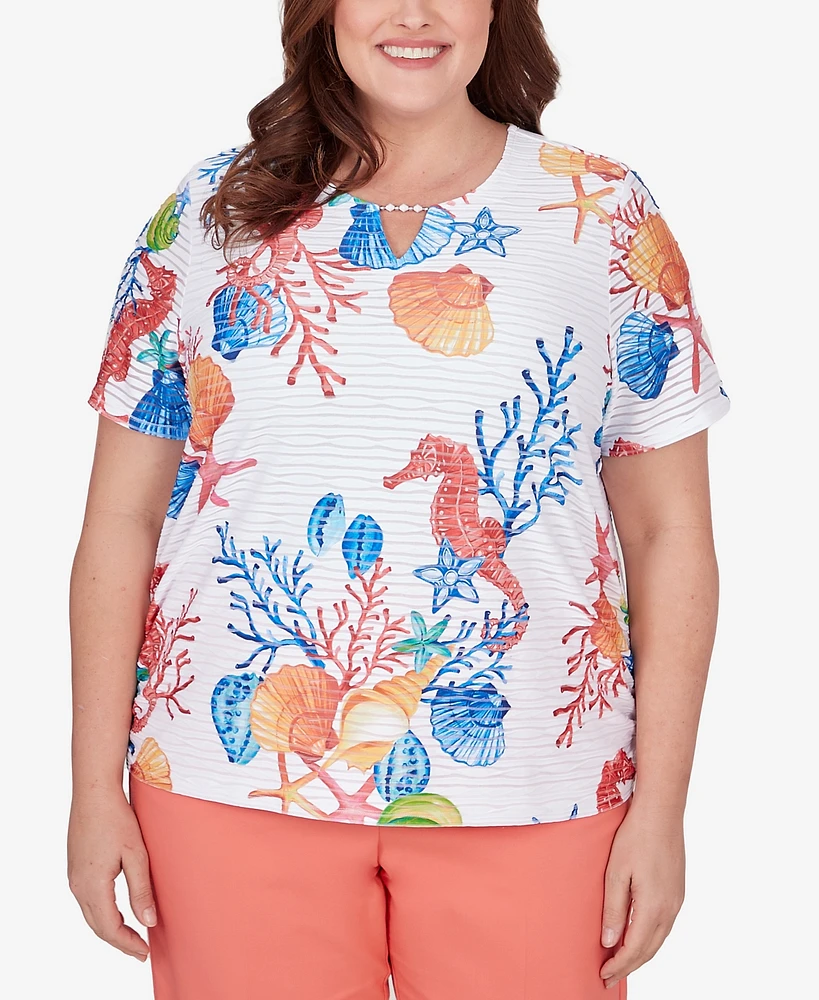 Alfred Dunner Plus Size Neptune Beach Seahorse Textured Short Sleeve Top