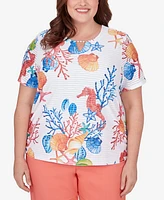 Alfred Dunner Plus Neptune Beach Seahorse Textured Short Sleeve Top