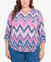 Alfred Dunner Plus Classic Puff Print Ikat Chevron Split Neck Top