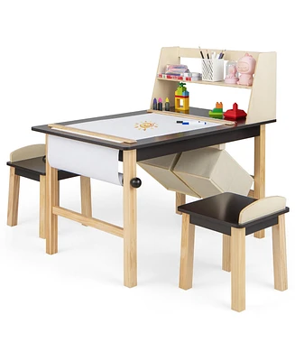 Kids Art Table & 2 Chairs Set Wooden Drawing Desk