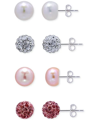 4-Pc. Set White & Dyed Pink Cultured Freshwater Pearl & Crystal Fireball Stud Earrings in Sterling Silver