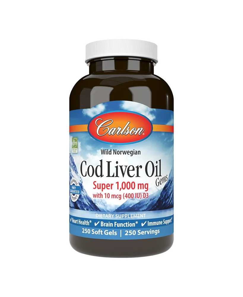 Carlson - Cod Liver Oil Gems, Super 1000 mg, 250 mg Omega-3s + A & D3, Norwegian, Wild Caught, 250 Softgels