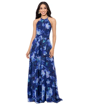 Betsy & Adam Petite Floral-Print Halter Gown