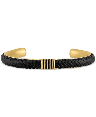 Esquire Men's Jewelry Woven Leather Cuff Bracelet in Gold-Tone Ion-Plated Stainless Steel, Created for Macy's