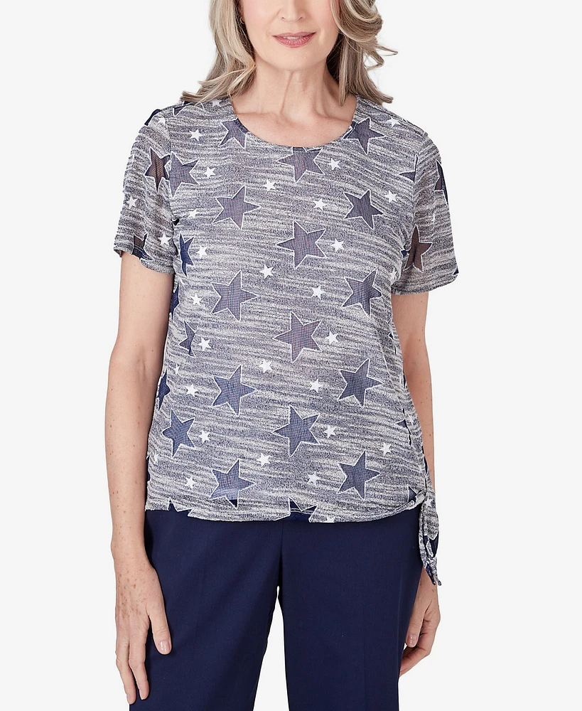 Alfred Dunner Petite All American Lined Space Dye Stars Crew Neck T-shirt with Side Tie