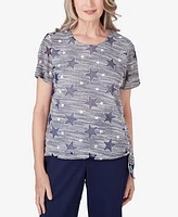 Alfred Dunner Petite All American Lined Space Dye Stars Crew Neck T-shirt with Side Tie