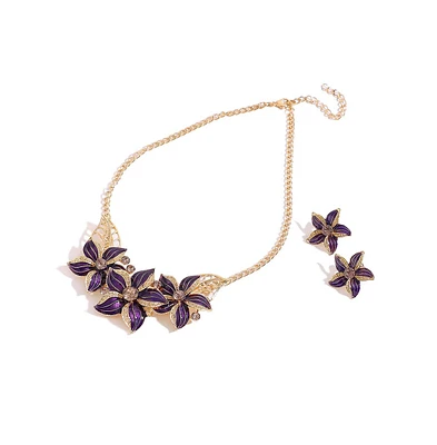 Sohi Women's Purple Enamel Flower Necklace And Earrings (Set Of 2)