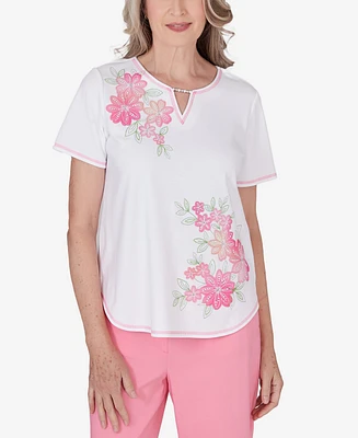 Alfred Dunner Petite Miami Beach Short Sleeve Floral Applique Top