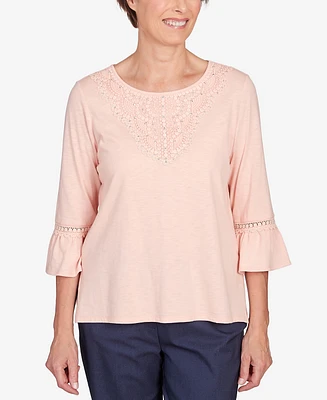 Alfred Dunner Petite A Fresh Start Lace Neck Solid Flutter Sleeve Top