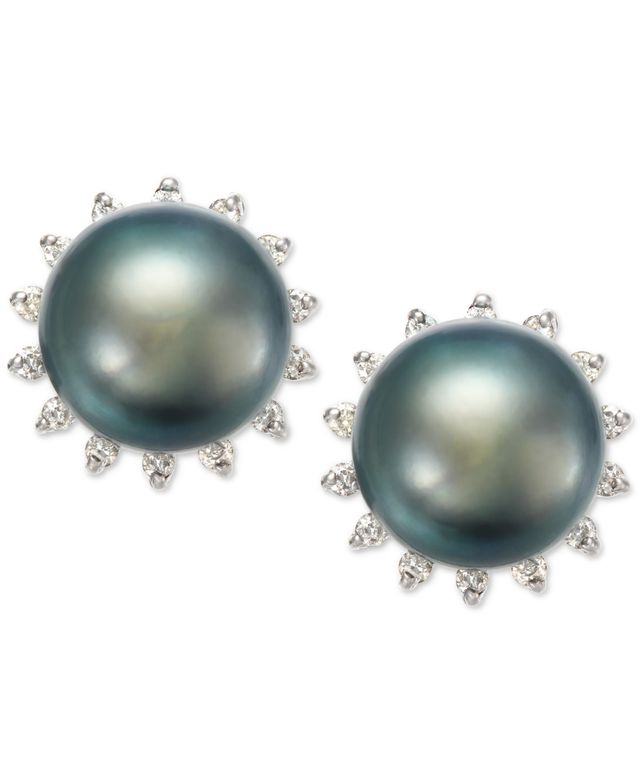 Tahitian Pearl (8 mm) and Diamond (1/5 ct. t.w.) Earrings in 14K White Gold