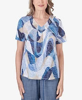 Alfred Dunner Women's Bayou V-neck Wavy Abstract Top
