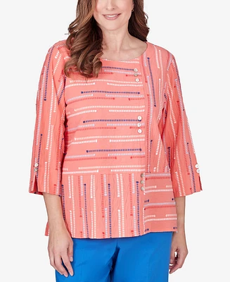Alfred Dunner Women's Neptune Beach Geometric Blouse with Button Details