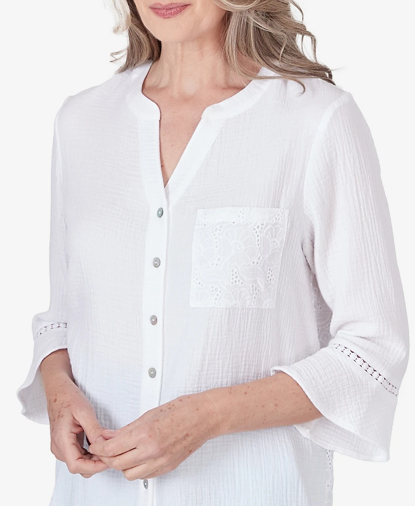 Alfred Dunner Petite Summer Breeze V-neck Button Down Gauze Top