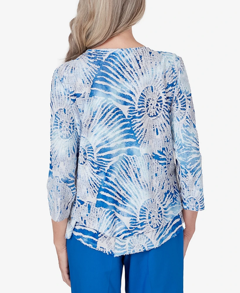 Alfred Dunner Petite Neptune Beach Seashell Embellished Necklace Top