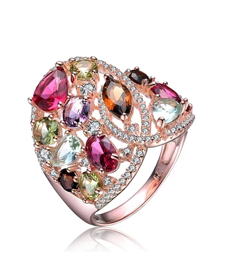 Genevive Sterling Silver 18K Rose Gold Plated Multicolored Cubic Zirconia Wide Setting Ring